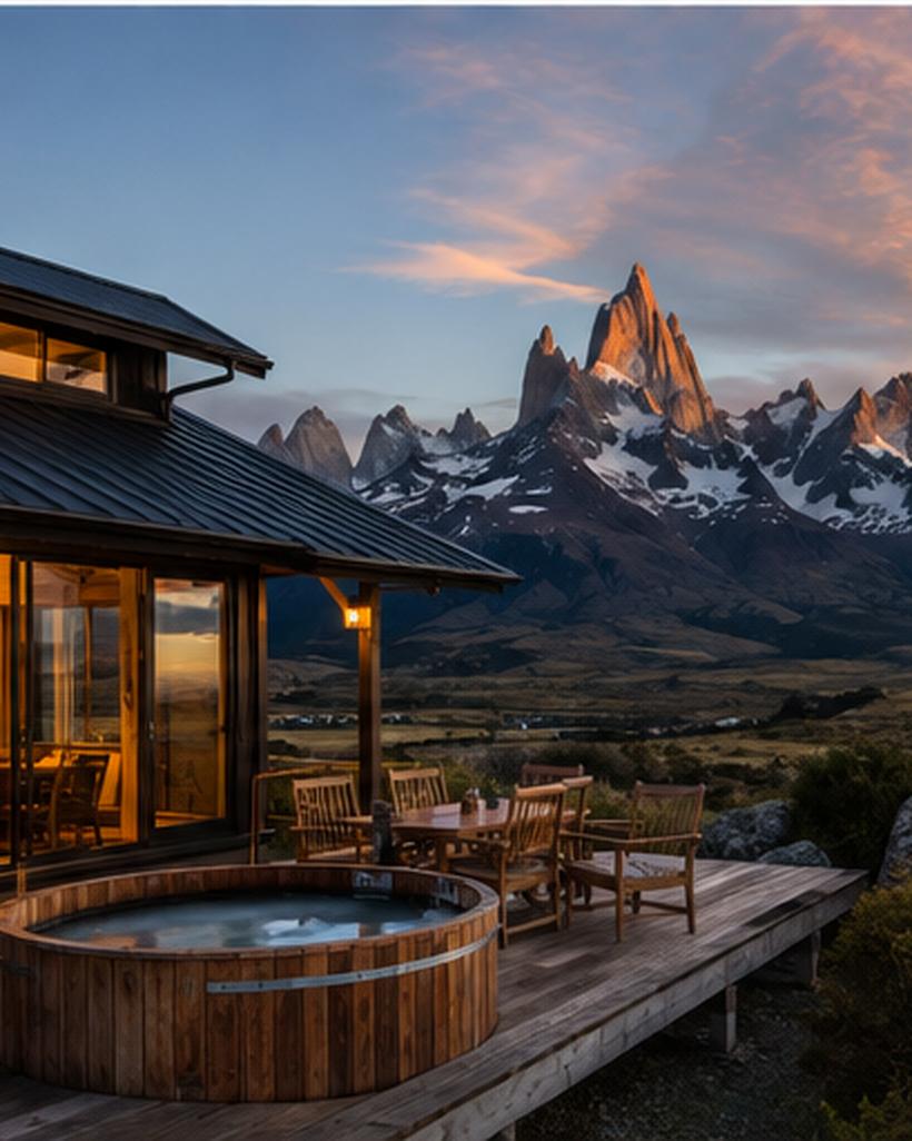 A timber and glass fishing lodge glowing at sunset beneath Patagonian granite spires