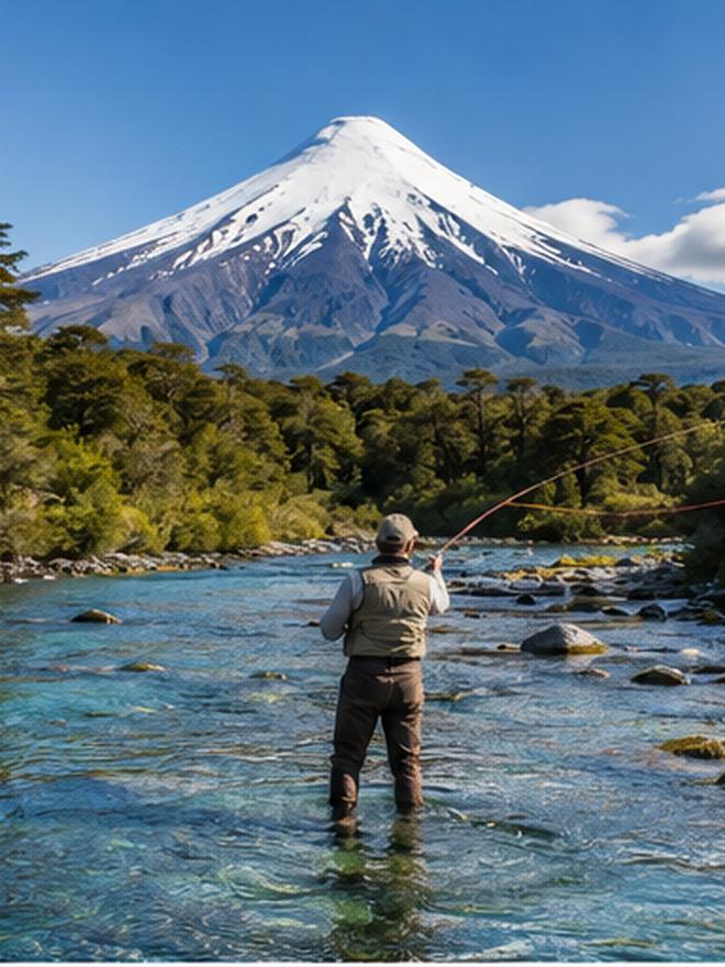 Angler mid-cast in shallow turquoise water beneath a volcano