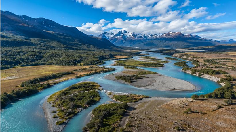 Drone view of a braided glacial river through the steppe