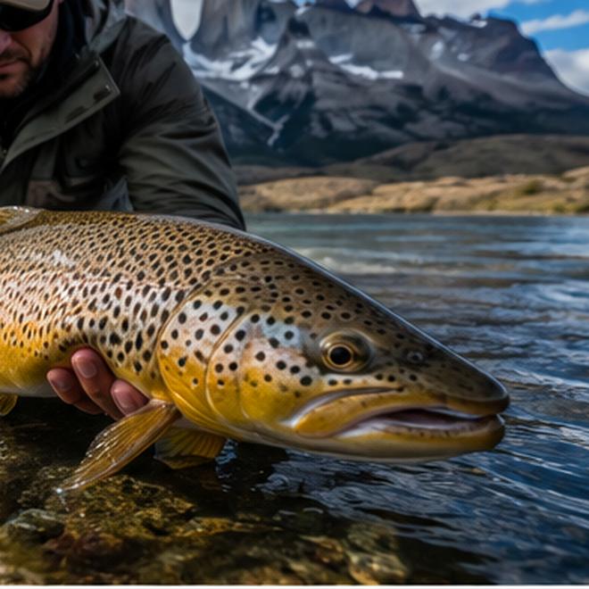 Close-up of a spotted wild brown trout held above the water