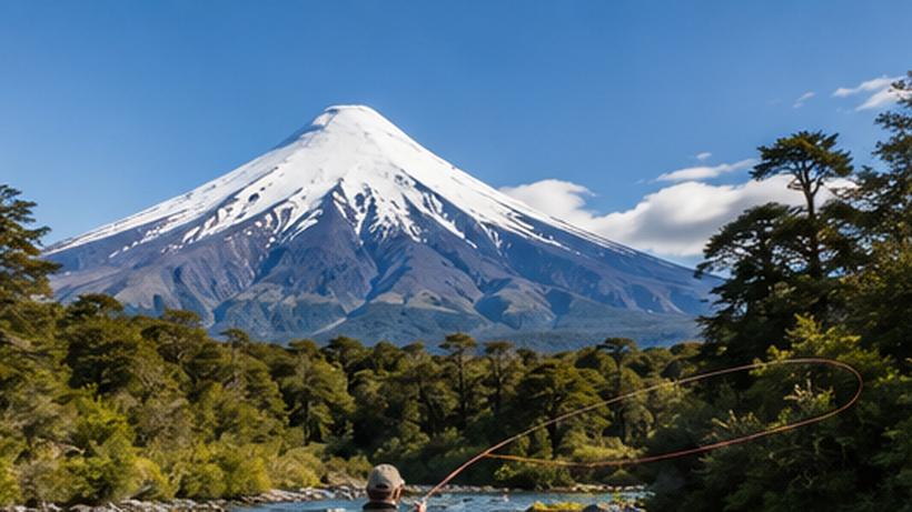 Snow-capped volcano rising over old-growth forest and a clear river
