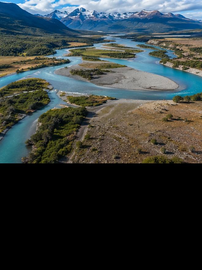Turquoise river channels cutting through gravel banks