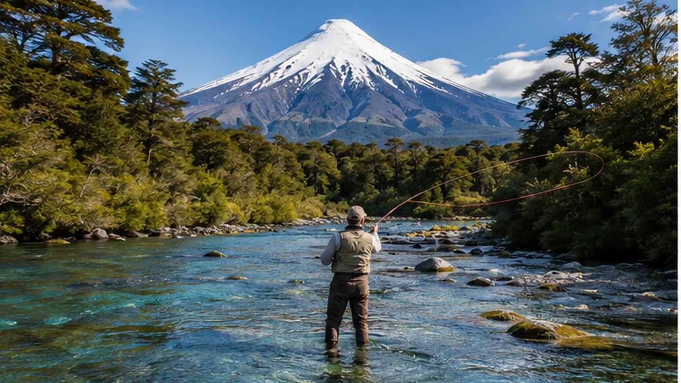 A fly fisherman casting on a clear Patagonian river below a snow-capped volcano