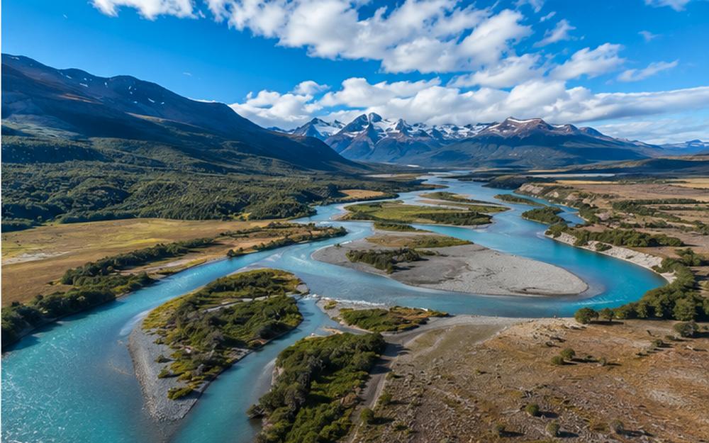 Aerial view of a braided turquoise river winding through the Patagonian lake district
