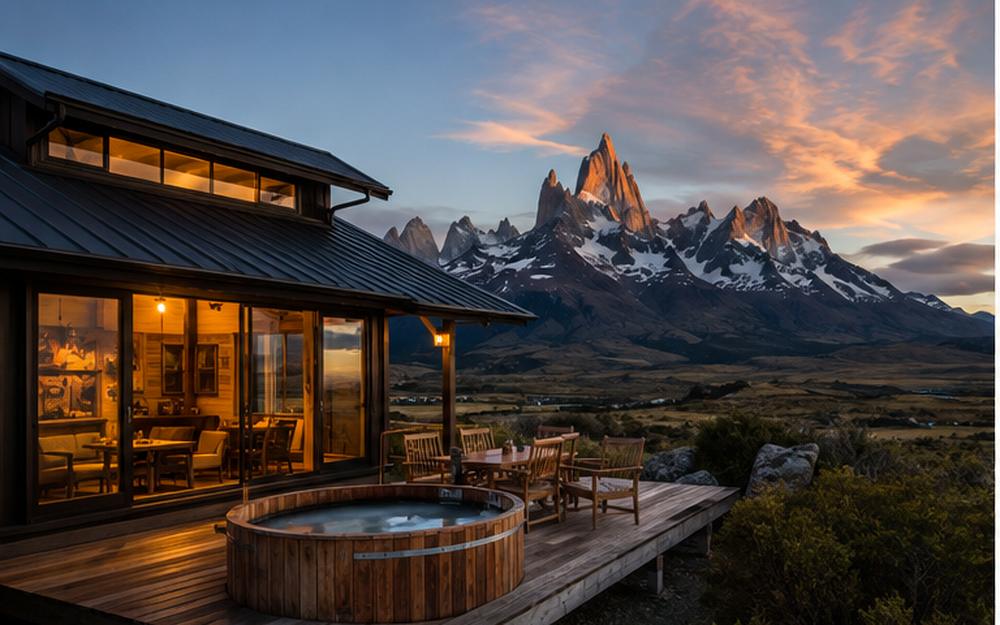 A remote lodge terrace at dusk with the granite towers of southern Patagonia beyond